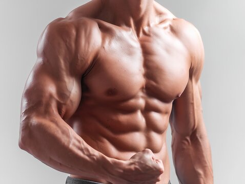 トレーニングで鍛え上げた大胸筋と腹筋を誇示する筋肉質な男性のビルドアップボディ