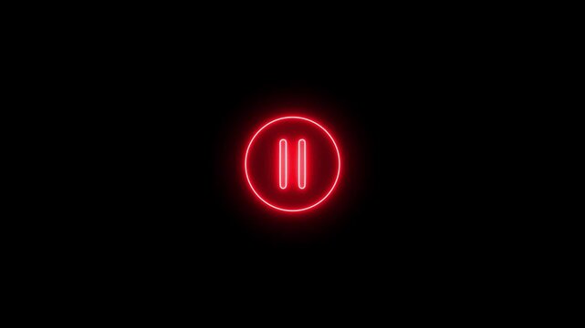 Glowing neon media player pause icon animation video and audio play stop control circle pause button sign symbol on black background. 4k video animation
