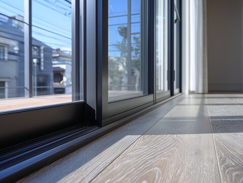 明るい日差しが差し込むフローリングの床と黒いサッシの引き戸がある開放的なテラスの風景