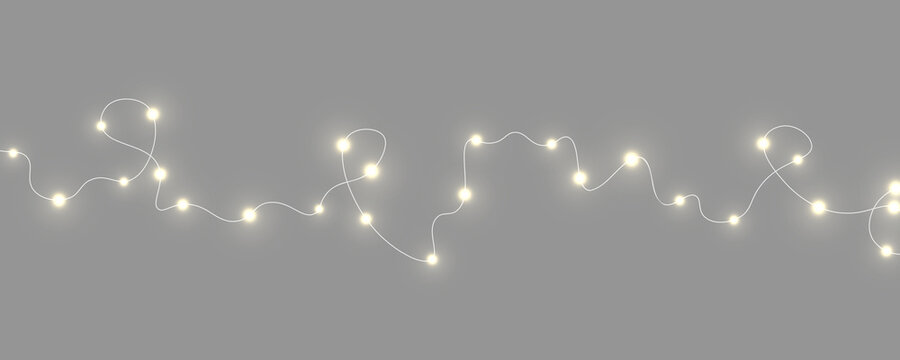 Festive glowing string garland PNG with warm yellow bulbs. Realistic Christmas lights shine brightly. Perfect for seasonal design projects.