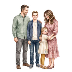 Fototapeta premium Watercolor Family Clipart Parents Kids Back Front View Portrait Illustration