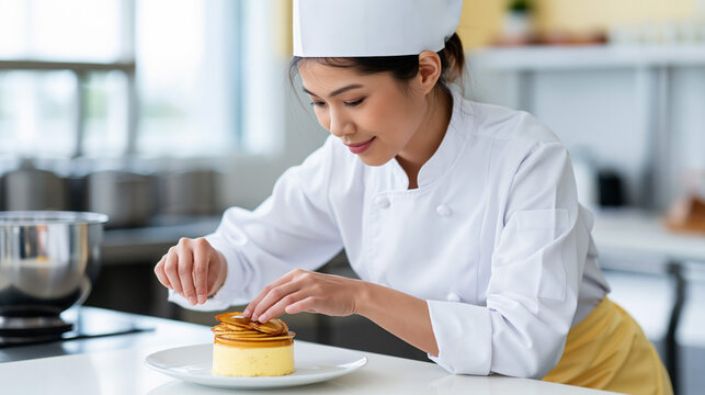 Asian female chef decorating delicious cake in commercial kitchen