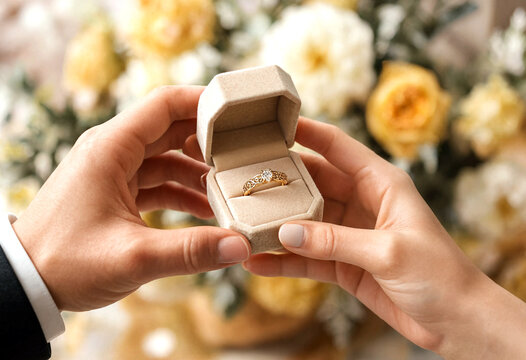 Closeup of hands holding an open ring box with an engagement ring surrounded by flowers