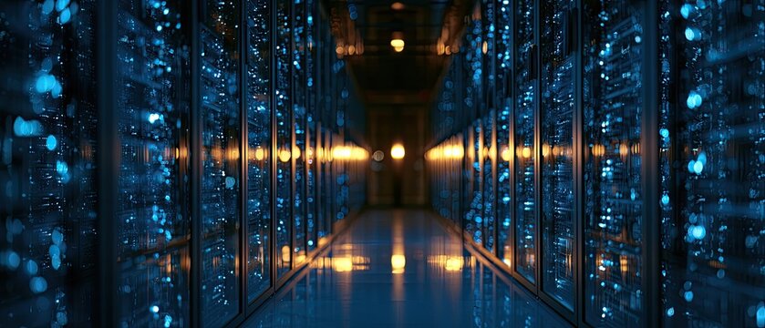 Futuristic data center aisle with glowing blue servers and reflected lights