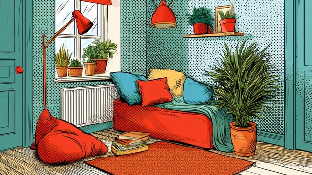 A cozy nook showcases a bright space with a couch, pillows, plants, and a rug. A warm light from the window enhances the inviting atmosphere.