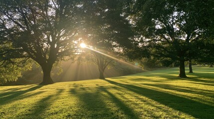 Naklejka premium Sunlight streams through trees, casting long shadows across a grassy field