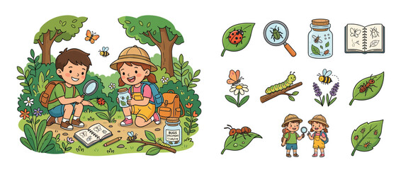 Children exploring nature and observing insects in a forest