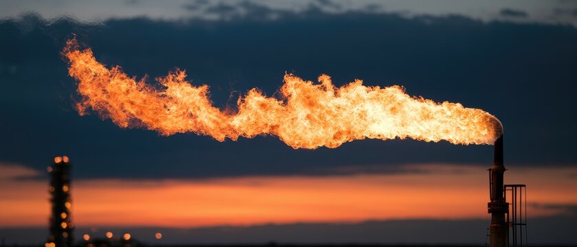 A bright orange flame flares from a tall industrial stack against a dusky sky