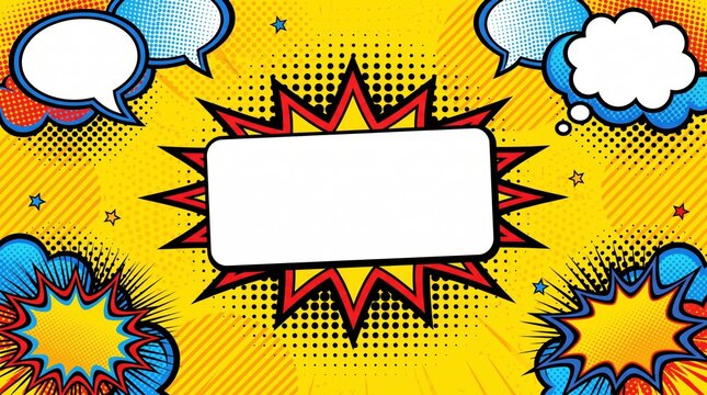 Retro comic book background with speech bubbles, pop art explosion frame, vintage halftone yellow rays for advertising