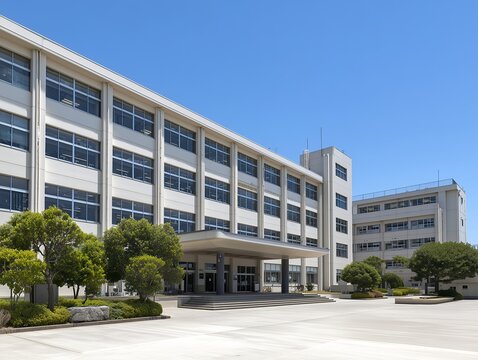 青空の下に建つ近代的な白い校舎の外観と広々とした中庭がある中学校や高校の風景