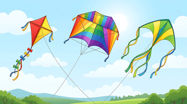 Three vibrant kites soaring high in the bright sunny sky over green hills