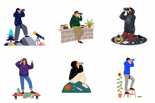Vector Collection of People Using Binoculars and Telescopes for Observation. Diverse characters engaged in birdwatching, stargazing, and exploration hobbies, isolated on white background.