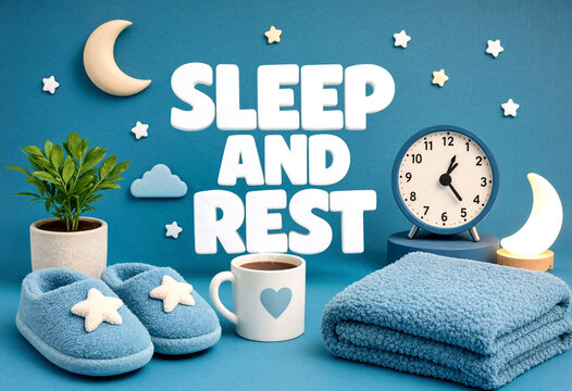 Cozy bluethemed sleep and rest setup with slippers towel clock and coffee for relaxation time