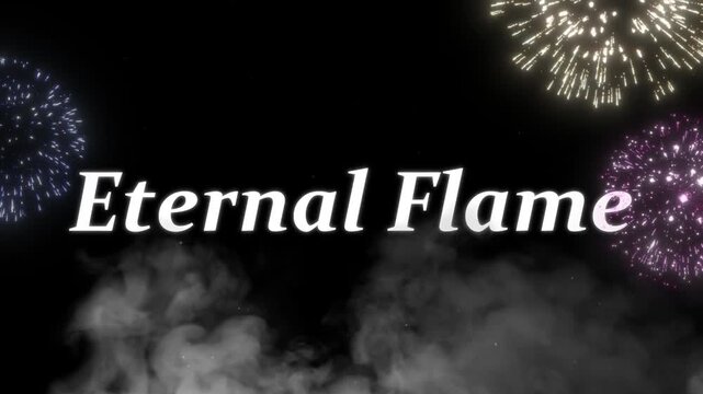 Vibrant fireworks display illuminating dark night sky above rolling clouds with elegant white text overlay with cinematic brilliant fireworks