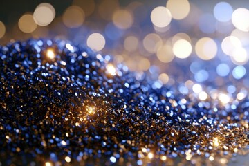 Fototapeta premium Sparkling blue and golden glitter texture with bokeh lights creating a festive and enchanting abstract background ambiance