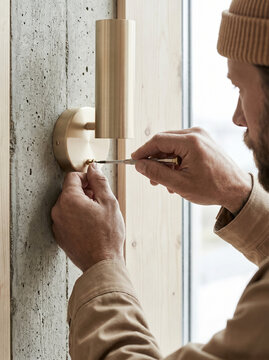 Close-Up View of Electrician Using Precision Screwdriver to Mount Modern Brass Sconce Wall Light Fixture on Concrete Wall