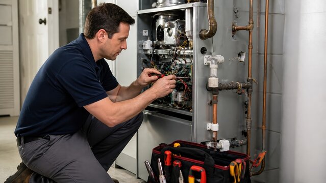 Technician servicing a home heating system