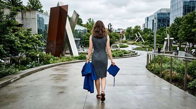 Graduate walking away on a modern university campus holding cap and gown.