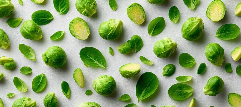 Fresh Raw Brussels Sprouts and Fallen Green Leaves Arranged in a Top View Overhead Food Backdrop