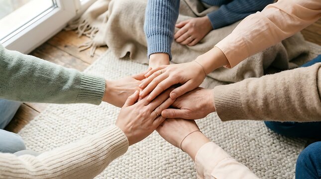 Group of diverse people stacking hands together as a sign of unity and support.