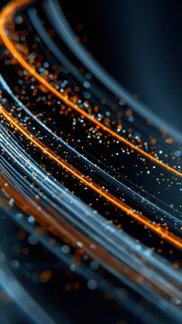 Dynamic abstract glowing orange and blue lines with floating particles on a dark background creating a vibrant futuristic technology design pattern