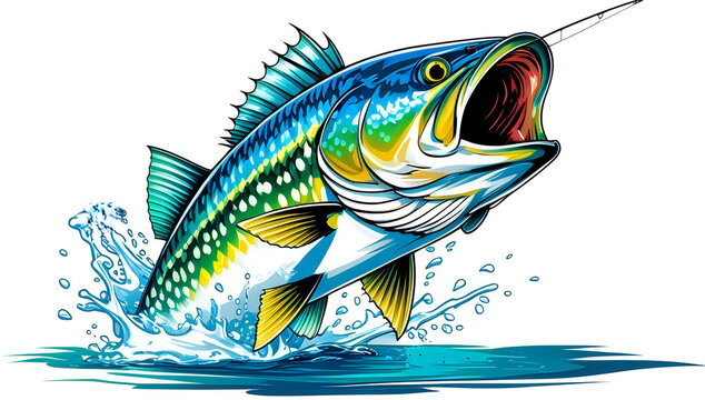 Large colorful bass fish jumping out of the water illustration