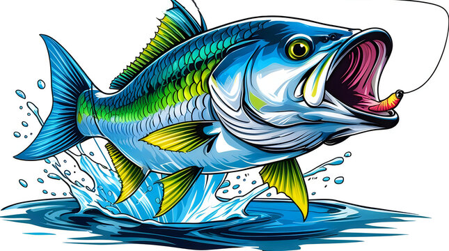 Large bass fish jumping out of water catching fishing lure illustration