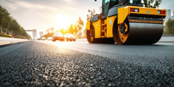 Process of asphalting, asphalt paver machine and steam road roller. The asphalt paver. Road works in the city. Construction machinery. Sunny day. Compacting freshly laid asphalt during paving work.