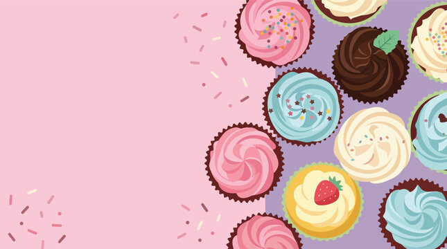 Assorted frosted cupcakes top view with copy space colorful flat vector illustration for bakery shop branding and party invitation design