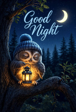 Cute sleeping owl with a warm lantern sitting on a tree branch under moonlight scene