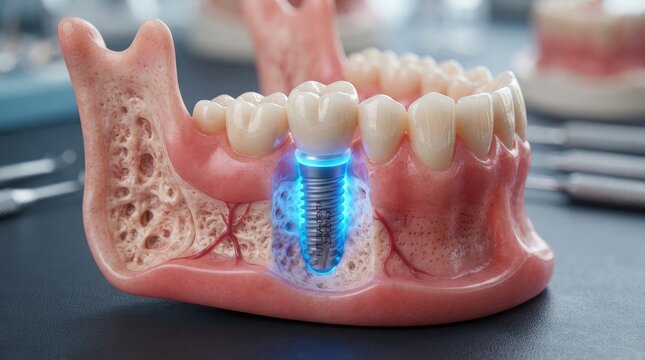 A dental implant model with a blue light shining through it.