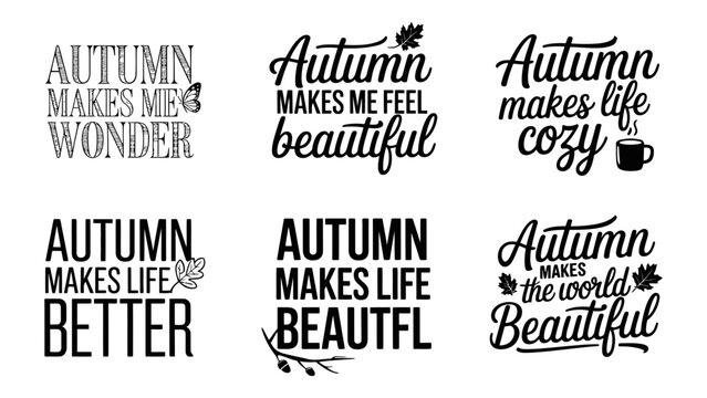 Autumn typography quotes set, fall season lettering, 6 black vector designs Editable Vector