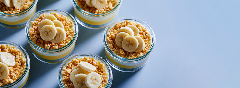Banana pudding cups topped with sliced banana on light blue background with copy space