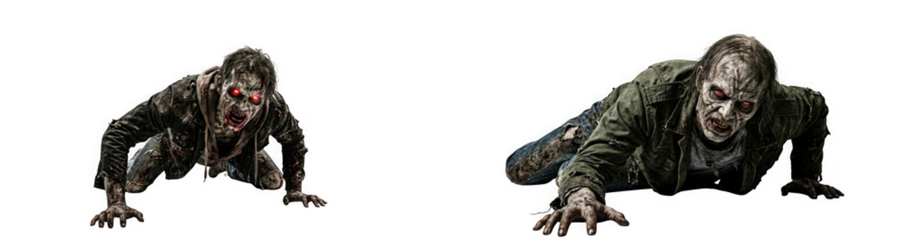 Two scary zombies crawling on the ground isolated on transparent background