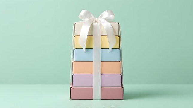 Colorful gift boxes stacked with a white ribbon bow
