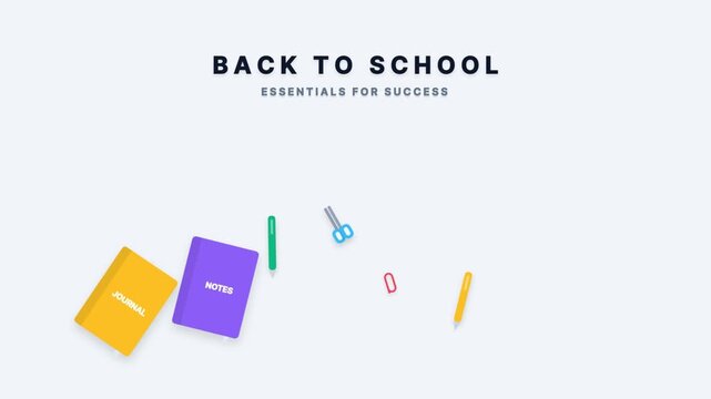 Back to school supplies animation with colorful notebooks and stationery items
