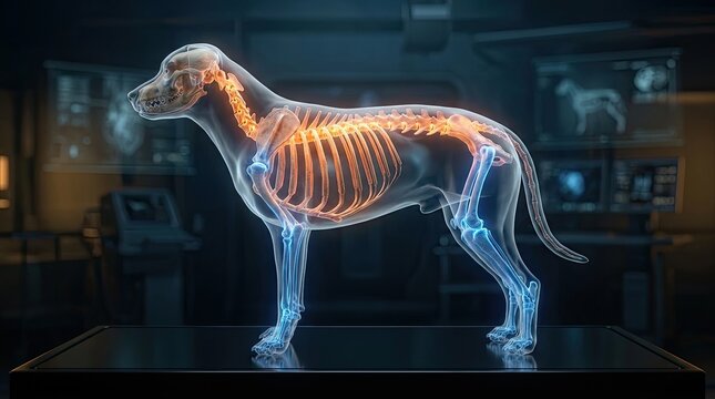 A transparent dog model with its internal organs highlighted in glowing orange light, set against a dark, industrial background with various screens and monitors.