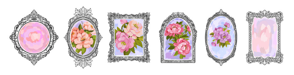 Fototapeta premium Vintage classic frame set, hand drawn oil painting picture decoration, retro romantic swirl border. Impressionism flower background wedding invitation anniversary design. Royal victorian vintage frame