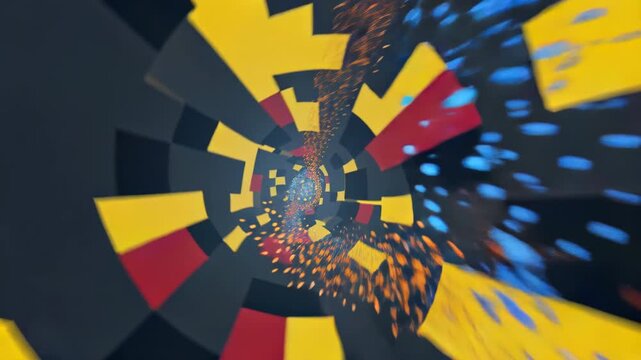 Swirling geometric shapes forming a tunnel with glowing particles creating a sense of dimension and depth.