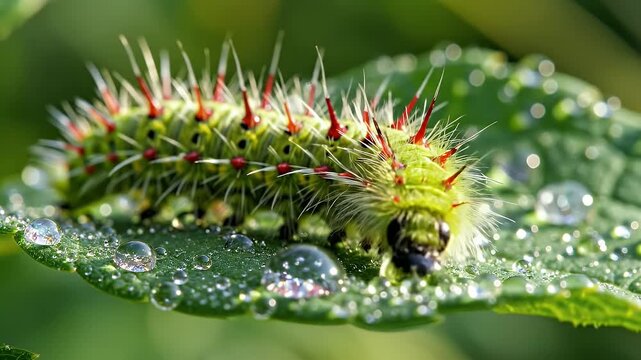 Macro close-up of a hairy caterpillar with red spines on a wet green leaf covered in water droplets, slow motion detail.