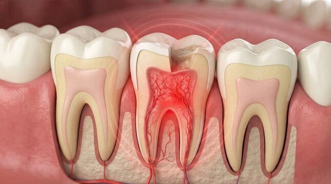 A tooth with a cavity and a root canal, showing the internal structure of a tooth.