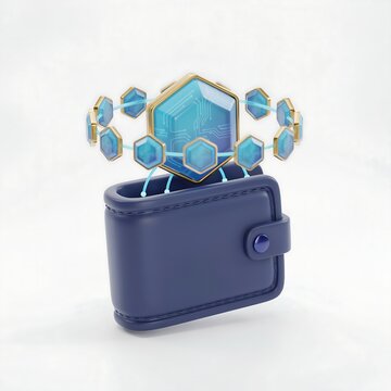 Digital wallet with floating blue holographic cryptocurrency icons