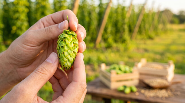 A person holds a fresh hop cone between their fingers while standing in a hop farm in the early evening. Green plants grow in rows behind them