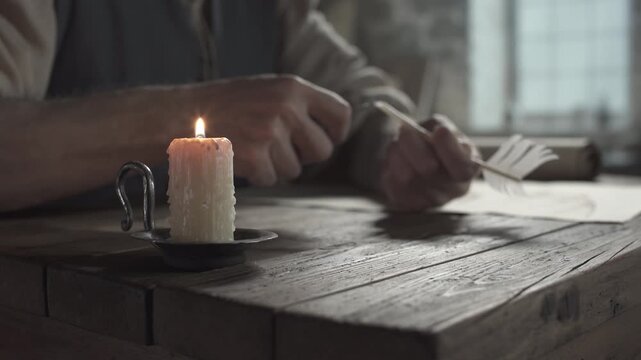Burning wax candle on a rustic wooden table in the blurred background of a medieval scholar sharpening a quill pen with a knife inside a craftsman workshop
