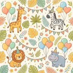 Jungle animal party pattern with lion zebra giraffe and hippo © Verdiansyah