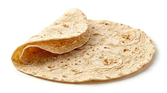 Freshly baked wheat tortilla bread isolated on white background