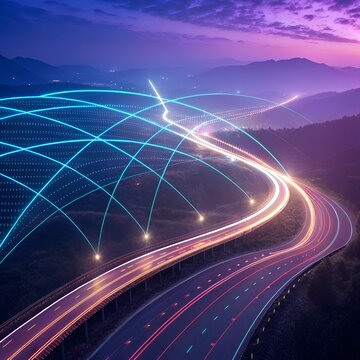 Futuristic highway network at dusk with glowing digital connections over mountains