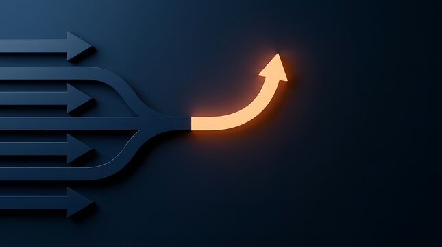 Multiple dark arrows merging into one bright orange arrow pointing upwards symbolizing success direction change or leadership initiative with dark background.