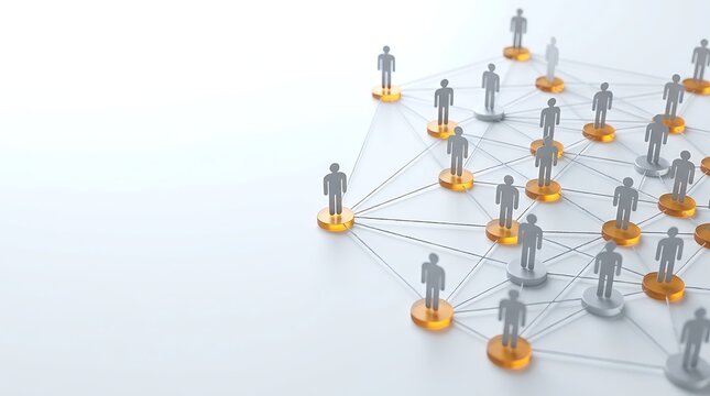 Diverse group of people connected in a network structure representing social connections or business relationships on a clean white background with copy space.