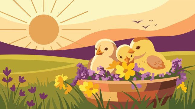 Cute yellow chicks in a floral basket spring landscape flat vector illustration for easter seasonal greeting cards